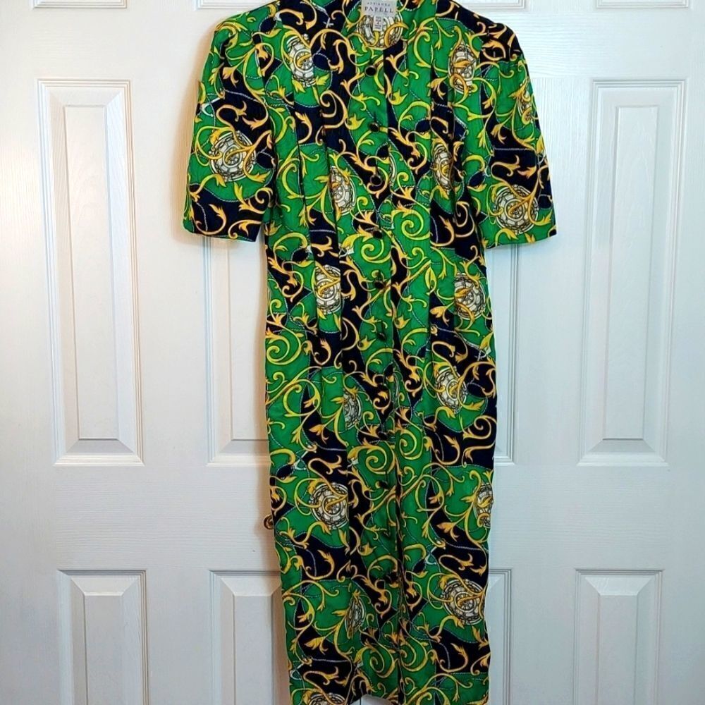 Vintage Adrianna Papell Silk Green Abstract Print Midi Dress Sz 4